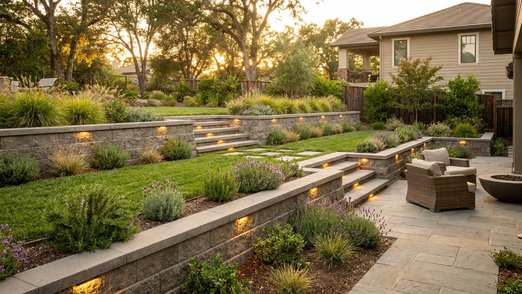 terraced retaining wall with outdoor lighting Bay Area residential project 2026