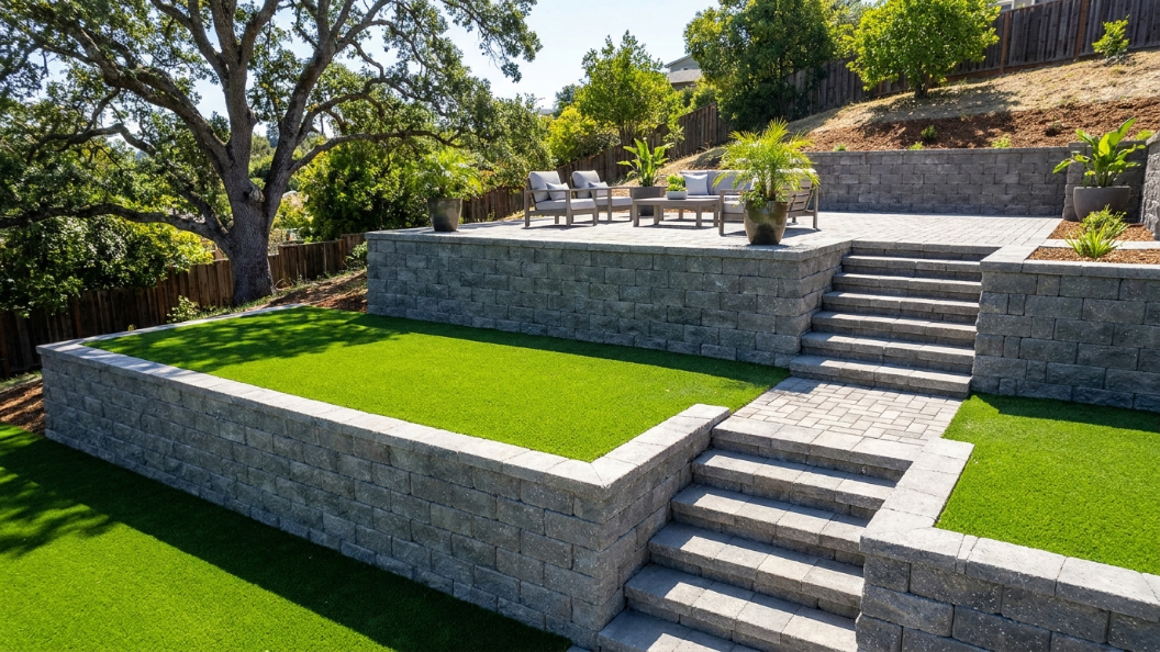 Completed multi-tier retaining wall project in a Bay Area backyard with paver patio on the upper level and synthetic turf on the middle tier, proving retaining walls transform sloped Bay Area yard spaces into functional outdoor living areas