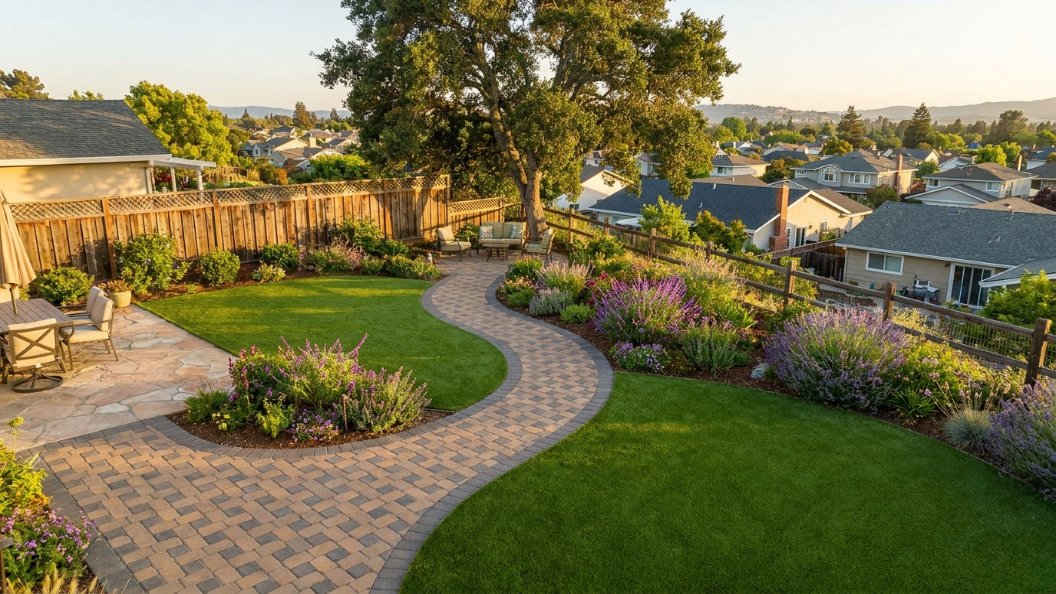 aerial drone view of a completed curved paver walkway with landscaping in a Bay Area backyard 2026