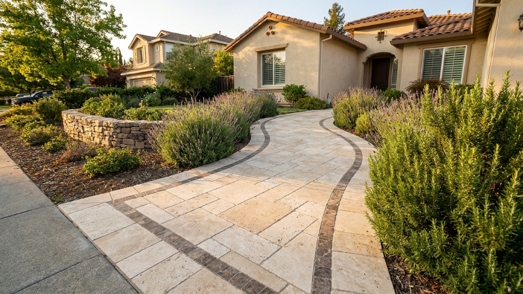 front yard paver walkway ideas Bay Area curb appeal completed travertine walkway Mediterranean home Pleasanton California