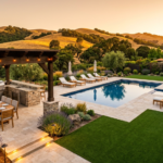 complete California backyard with best pavers pool deck California slip resistance installation showing pool patio pergola and outdoor kitchen at golden hour