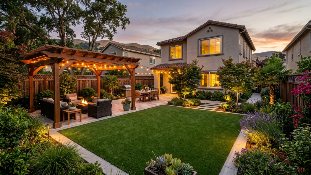 Bay Area backyard with pet-friendly artificial turf integrated with patio pavers pergola and outdoor lighting