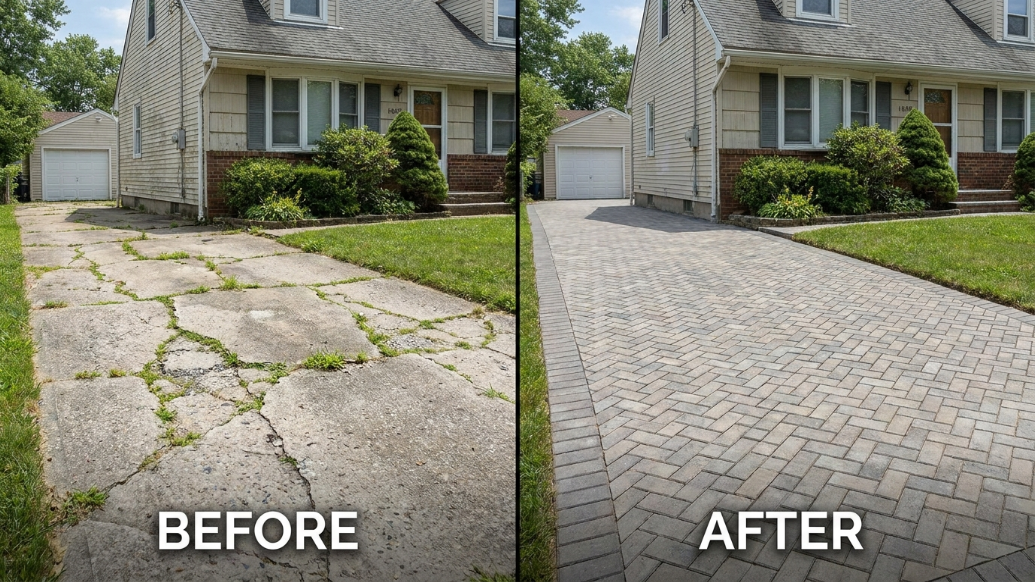Before and after comparison of a Hercules CA driveway paver transformation